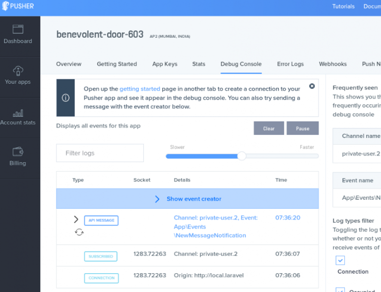 how laravel broadcasting works pusher dashboard