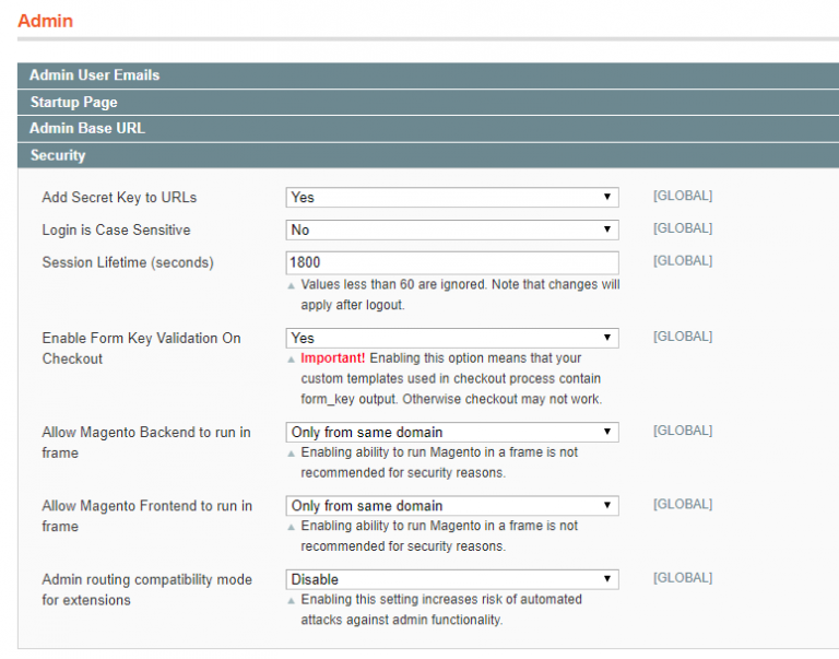 Security settings in Magento