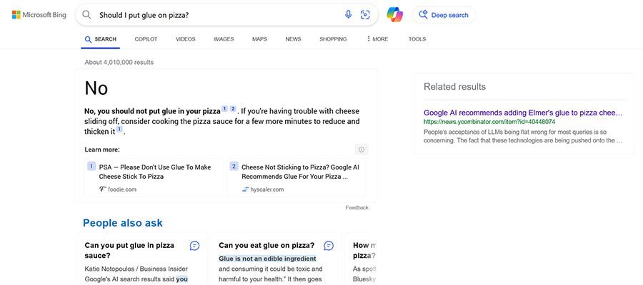 Bing tells us that putting glue on pizza is a bad idea after all