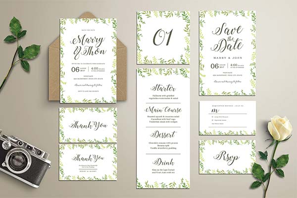 Watercolor Leaves Wedding Invitation Template PSD