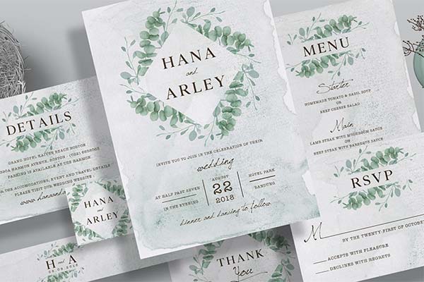 Eucalyptus Wedding Invitation Suite Template PSD