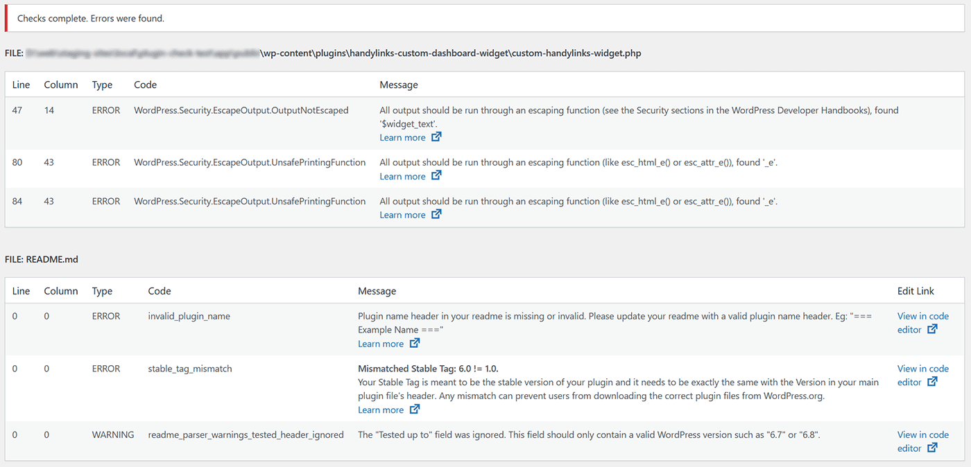 Plugin Check reported errors in my plugin's readme file, along with some security issues